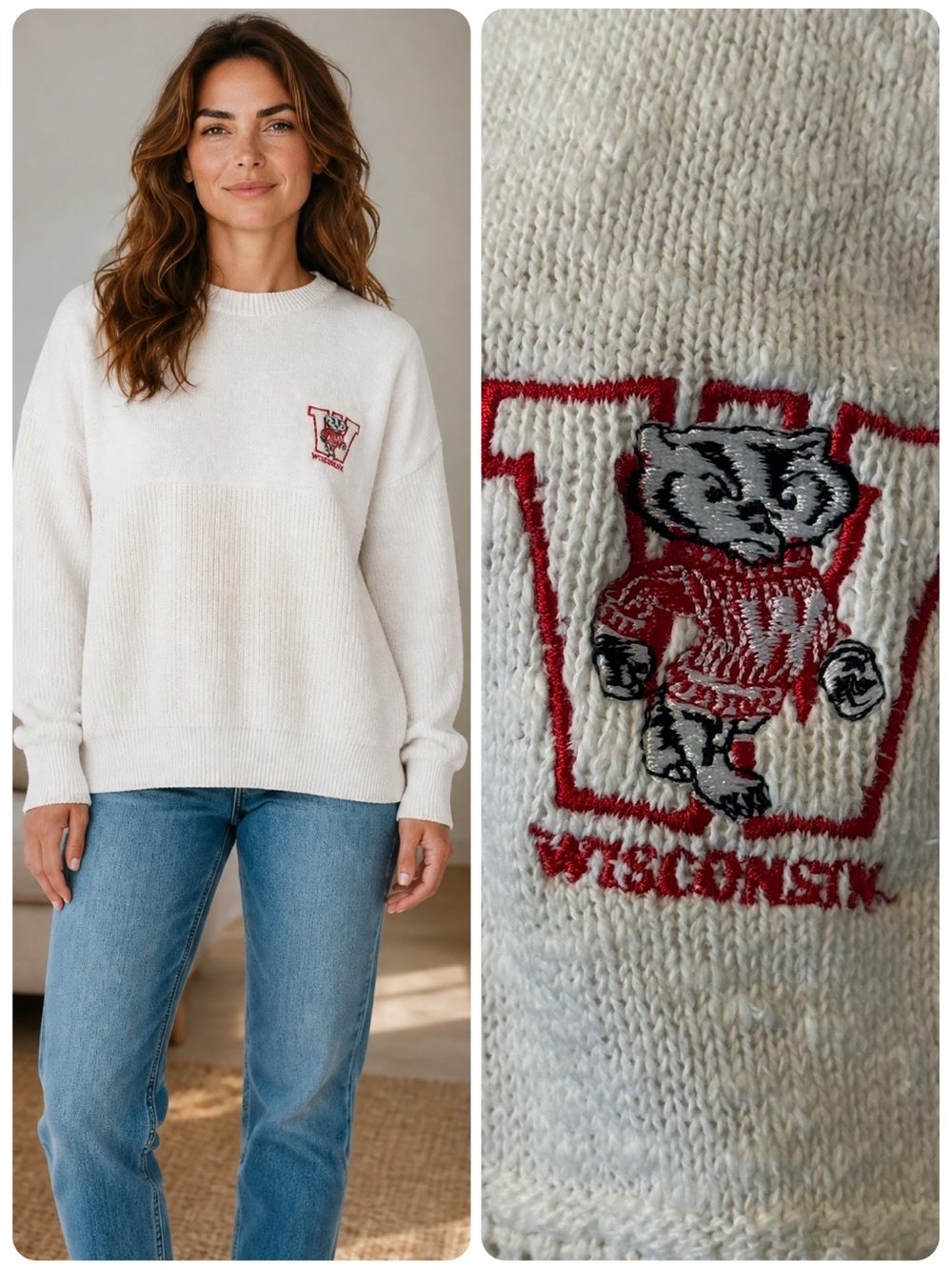 Vintage Norman Todd Classic Cream Wisconsin Bucky Badger Embroidered Sweater L